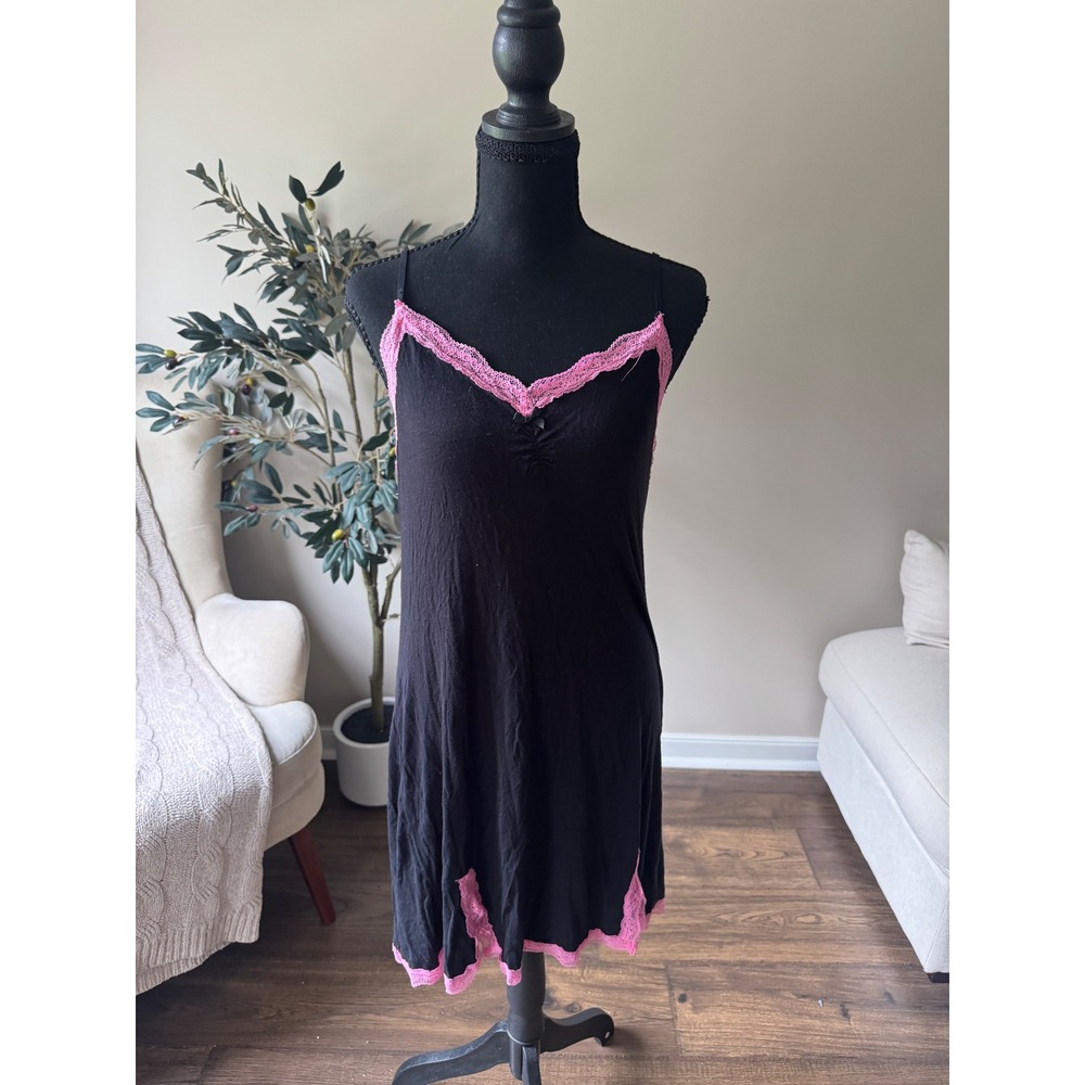 Kensie Black Pink Lace Trim Chemise Nightgown Sleepwear Slip Dress Large